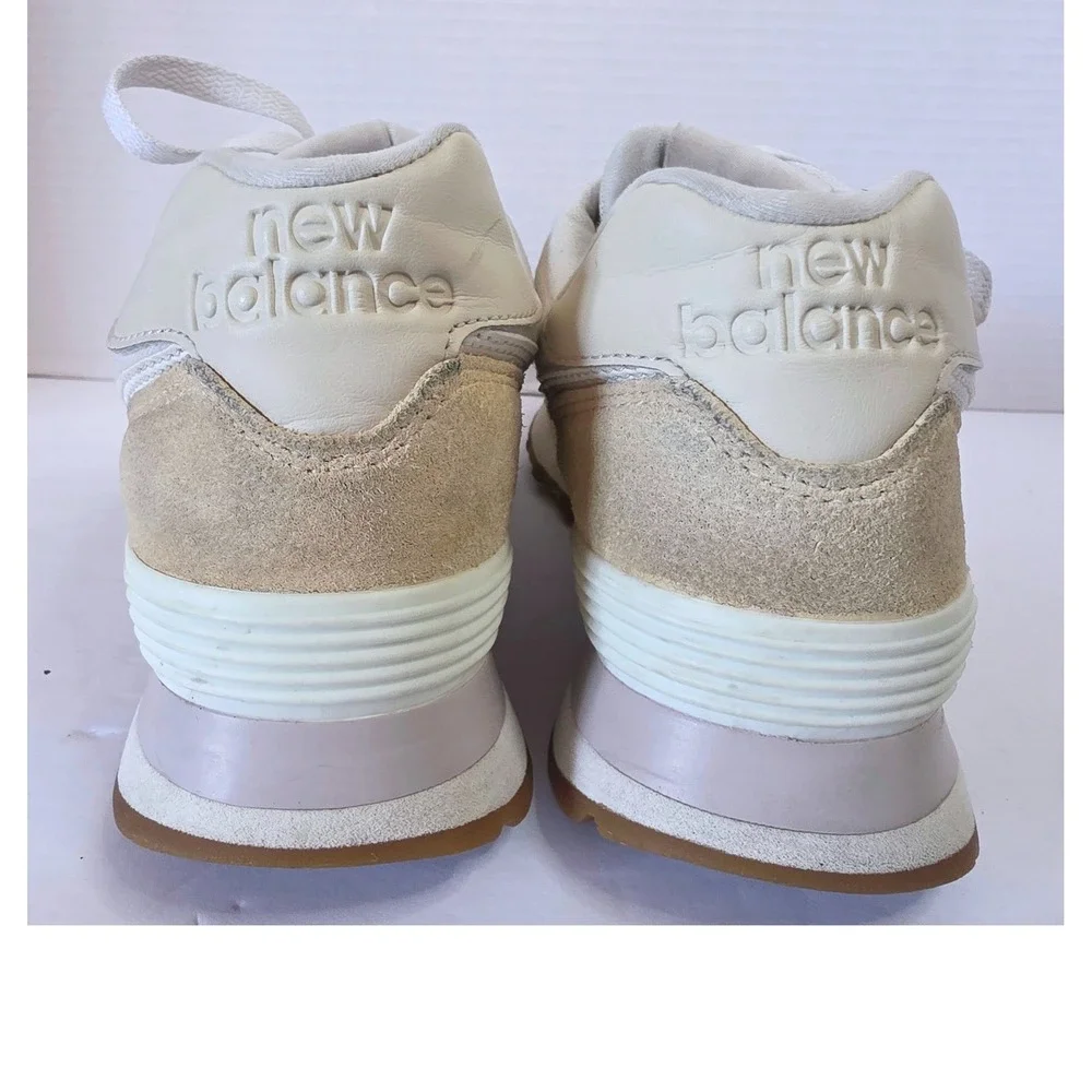 New Balance 574 Tan Cream Pink Suede Mesh Sneakers SZ 8 Mild Discolor on Suede